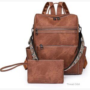PU Leather Waterproof Anti-Theft Backpack Purse with 8 Pockets and Clutch